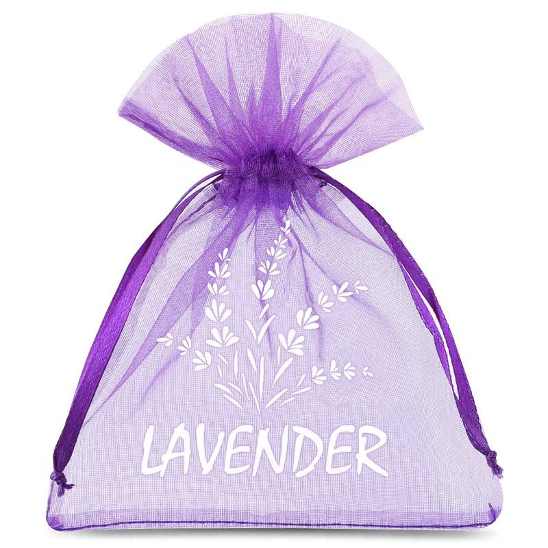 10 pcs Organza bags 9 x 12 cm - purple dark with print (lavender) 
