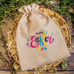 jute bag,  sized 30 x 40 cm, printed with the text “Happy Easter” Burlap bags / Jute bags