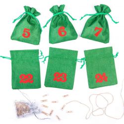 Green Jute Bags Advent Calendar, 13 x 18 cm + red numbers Christmas bag